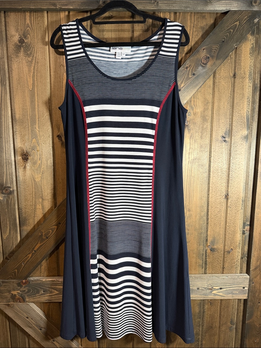 Navy, White & Red Sleeveless Striped A-Line Dress